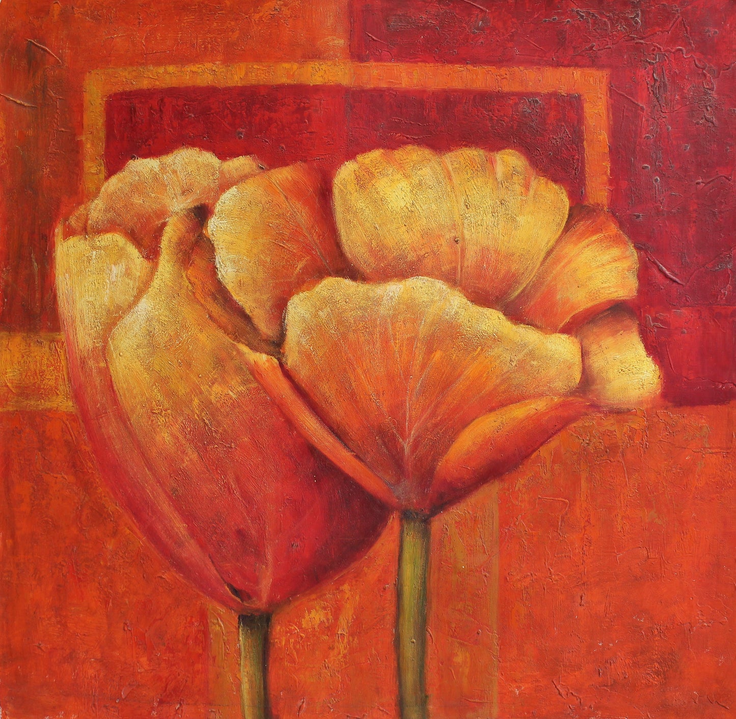 Deux fleurs orange sur fond rouge