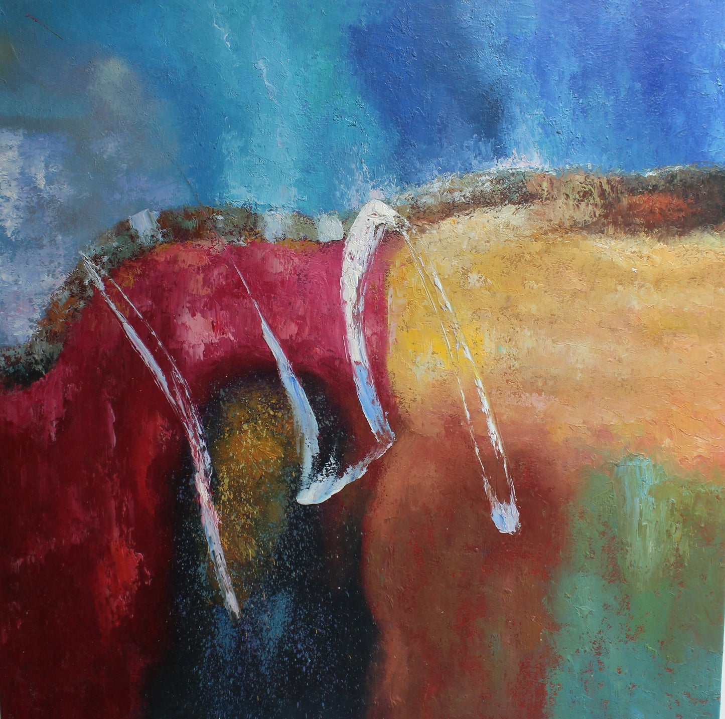 Peinture abstraite en bleu, rouge, orange et vert