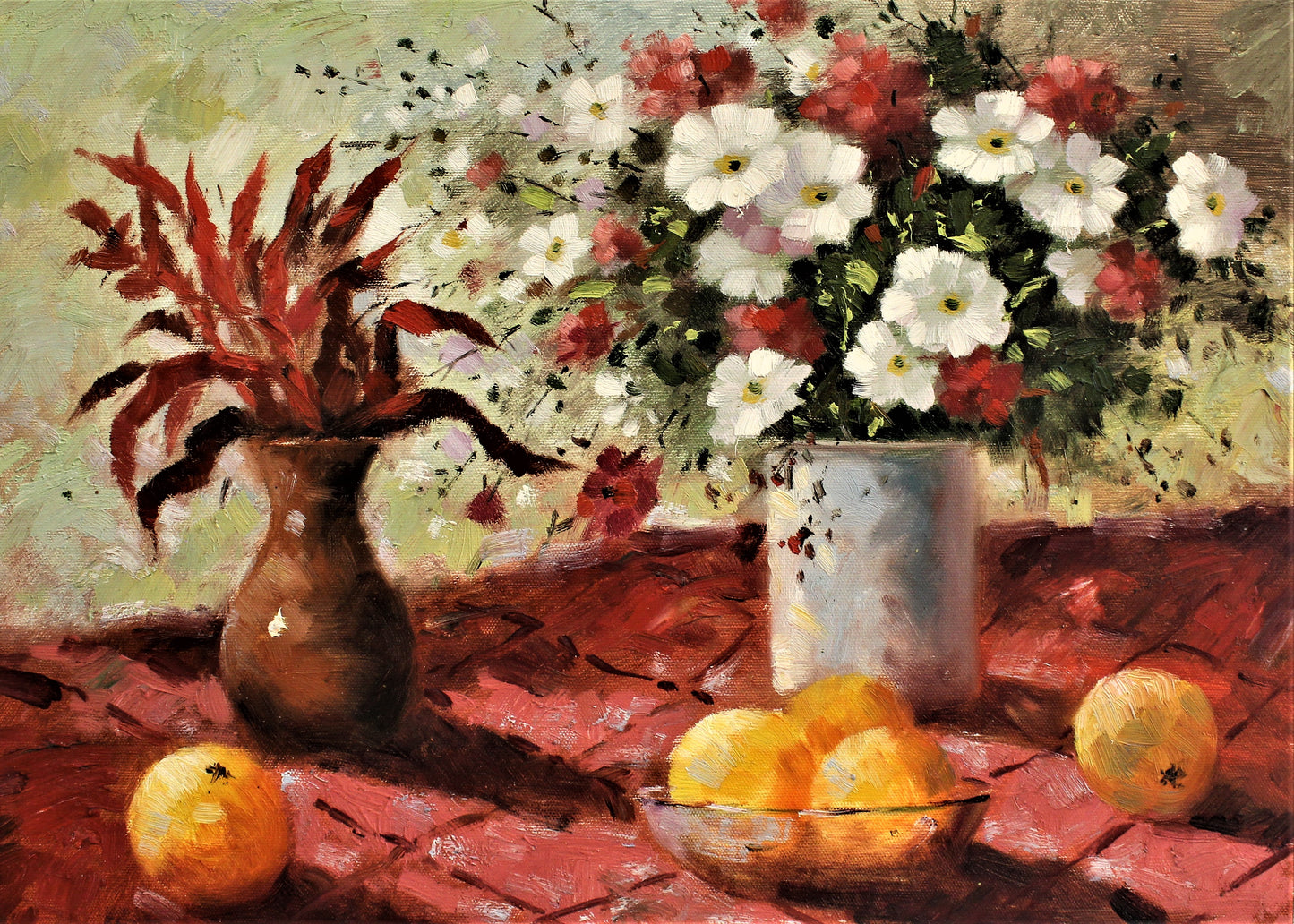 Nature morte d'oranges, de fleurs et de feuilles