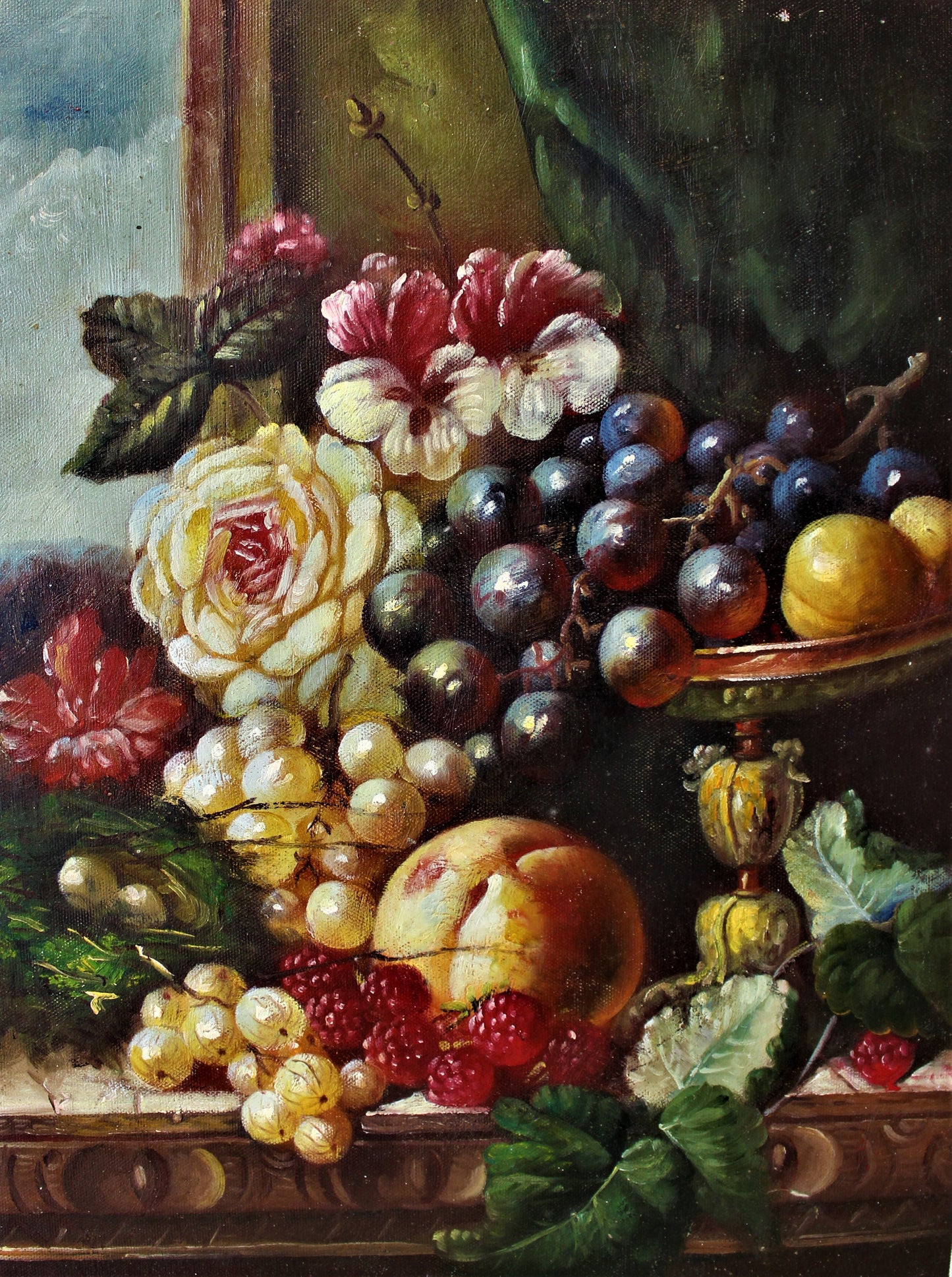 Still life of flowers and fruit by a window