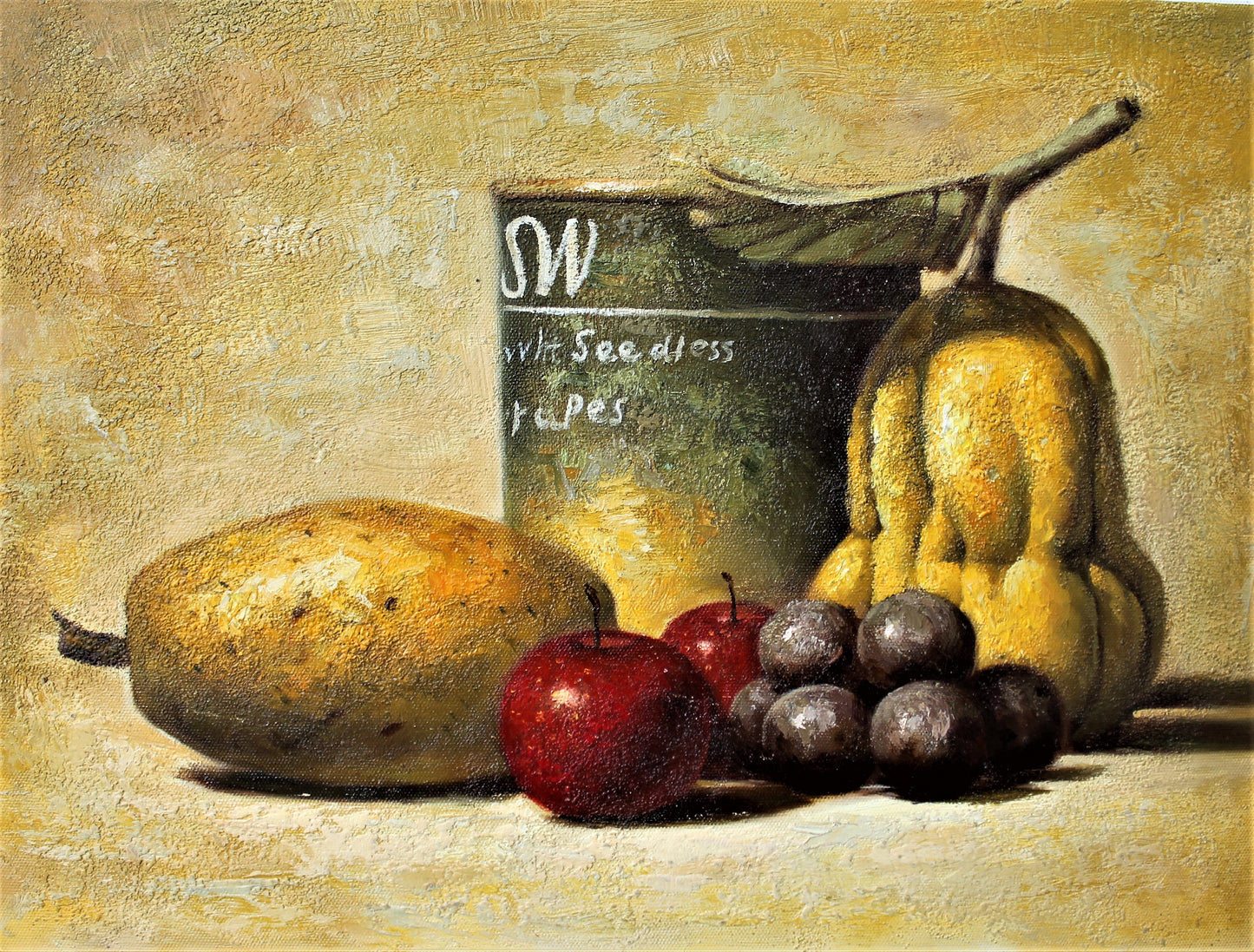 Still life of a can and various fruits