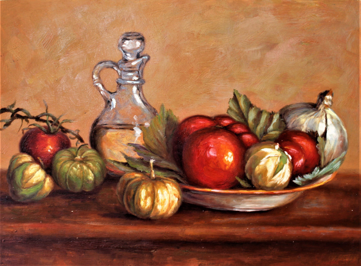 Nature morte d'huile d'olive, de tomatilles, d'ail et de tomates