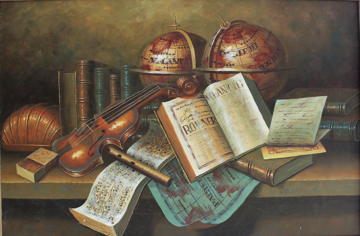 Nature morte d'un violon, de globes et de livres
