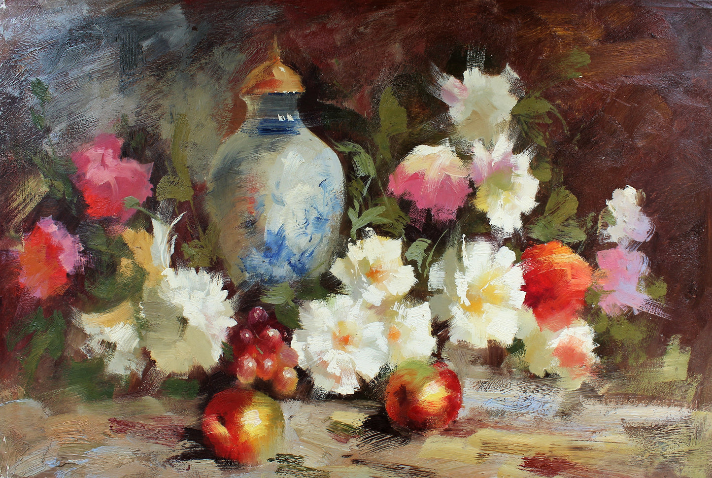 Nature morte de fleurs, de pommes et de poterie
