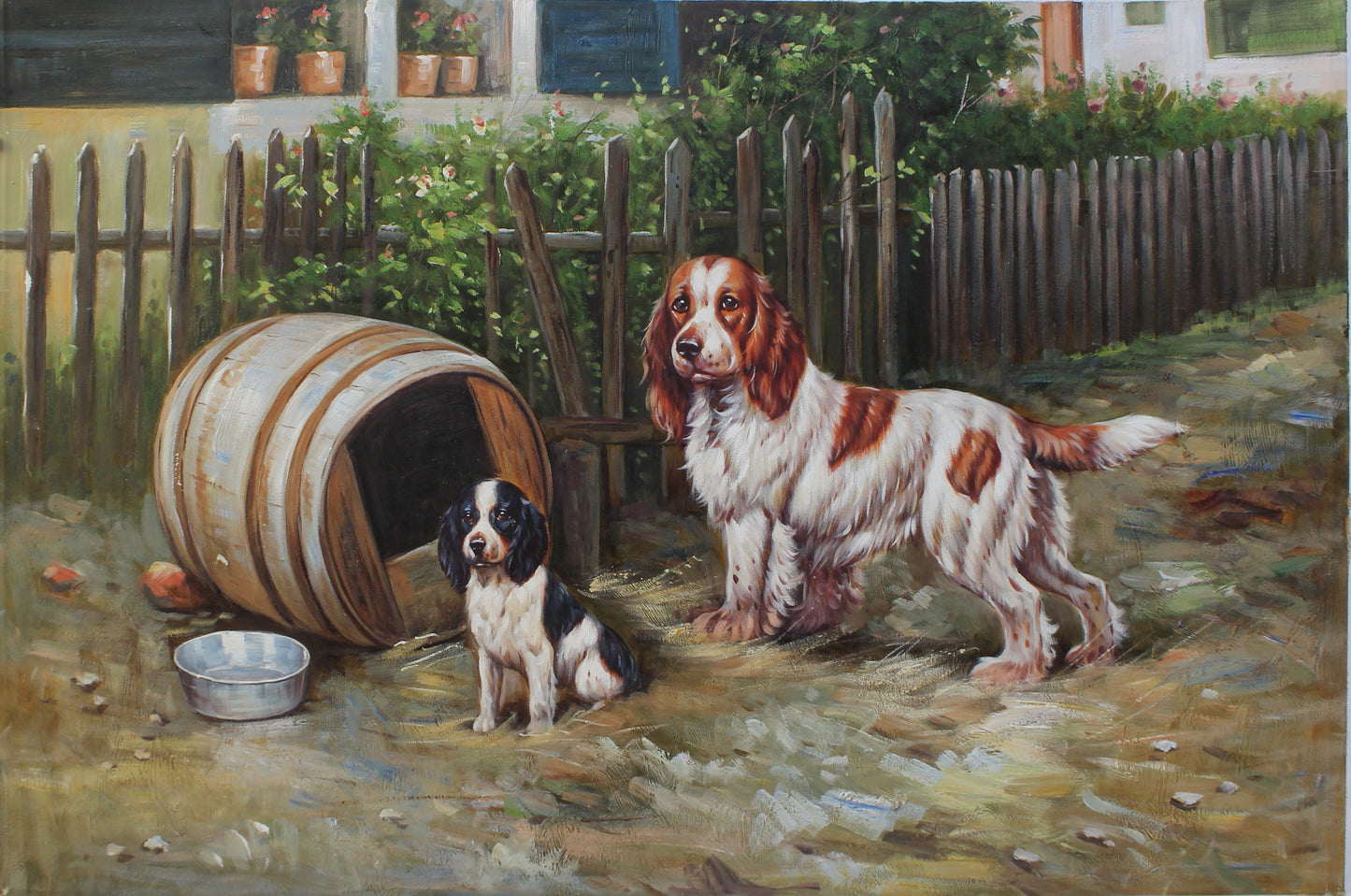 A dog and a puppy in a backyard