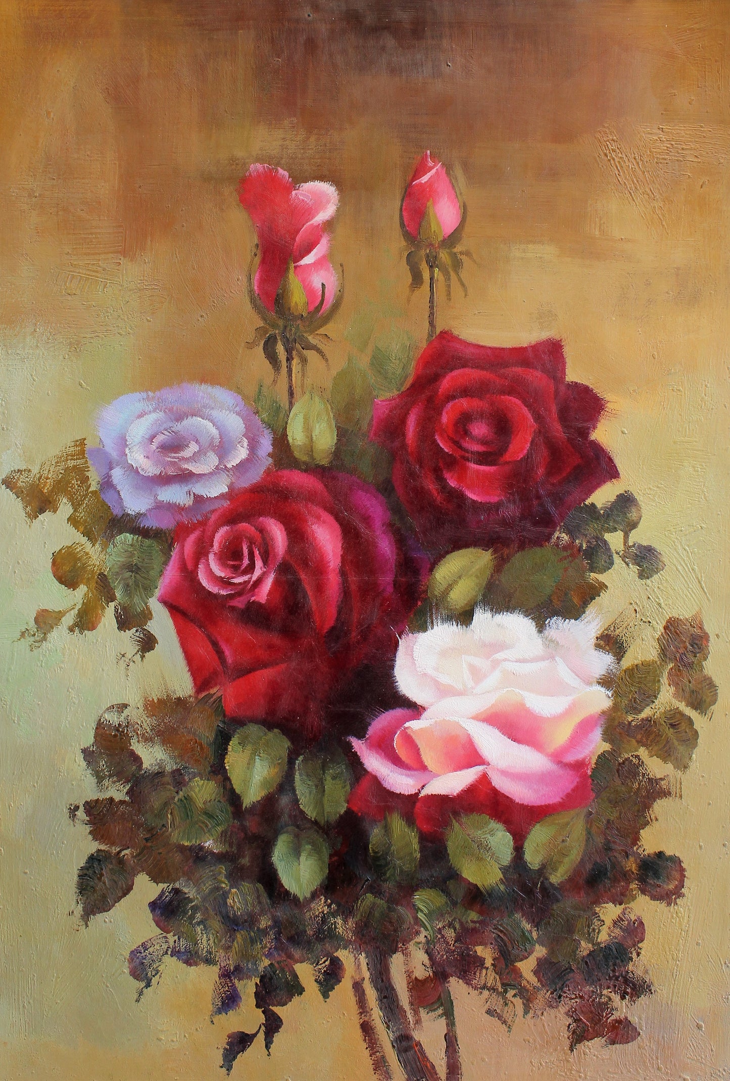 Nature morte de quatre roses et de deux boutons de rose
