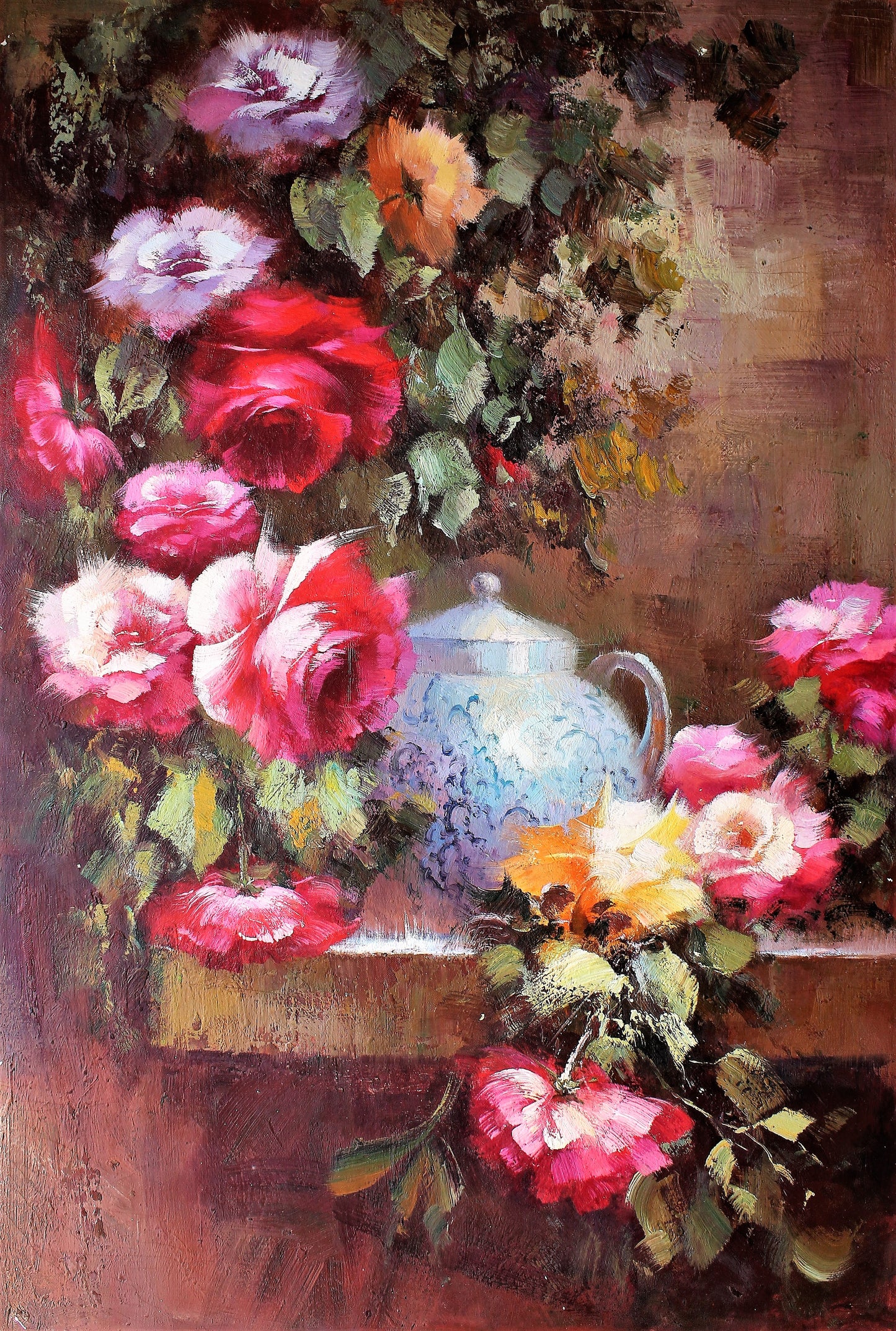 Nature morte de fleurs avec poterie bleue et blanche