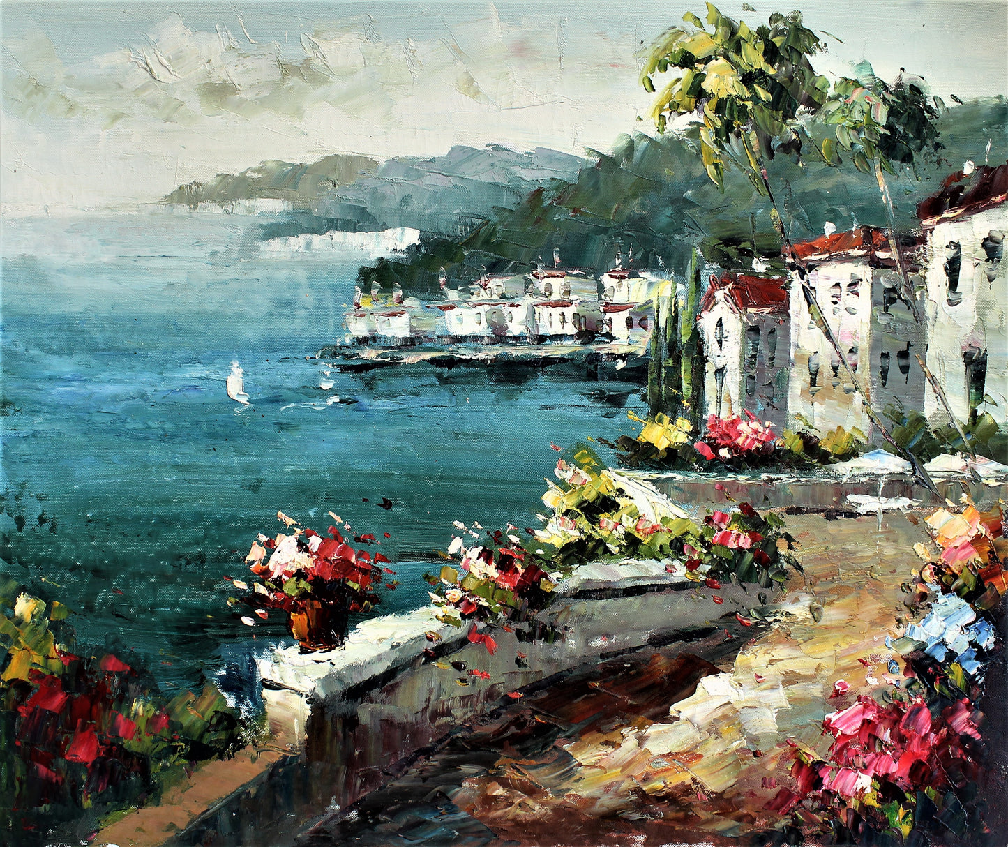 Coastal town view with palm trees