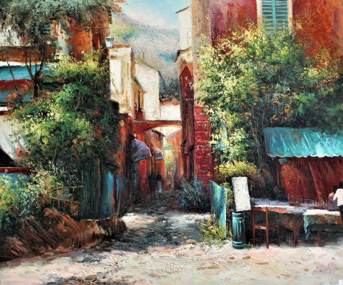 Walkway in between buildings and trees