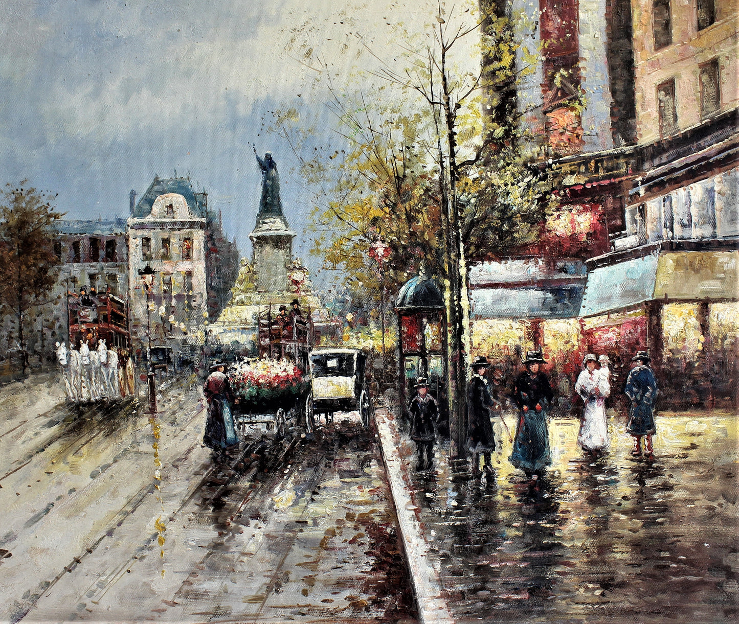 Figures on a sidewalk next to a road with carriages