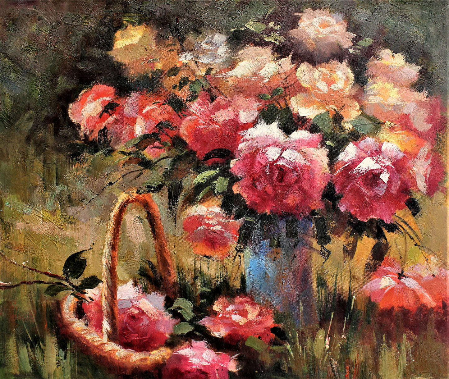 Nature morte de fleurs dans un vase et un panier