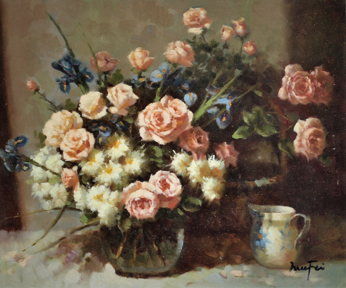 Nature morte de fleurs roses, blanches et bleues