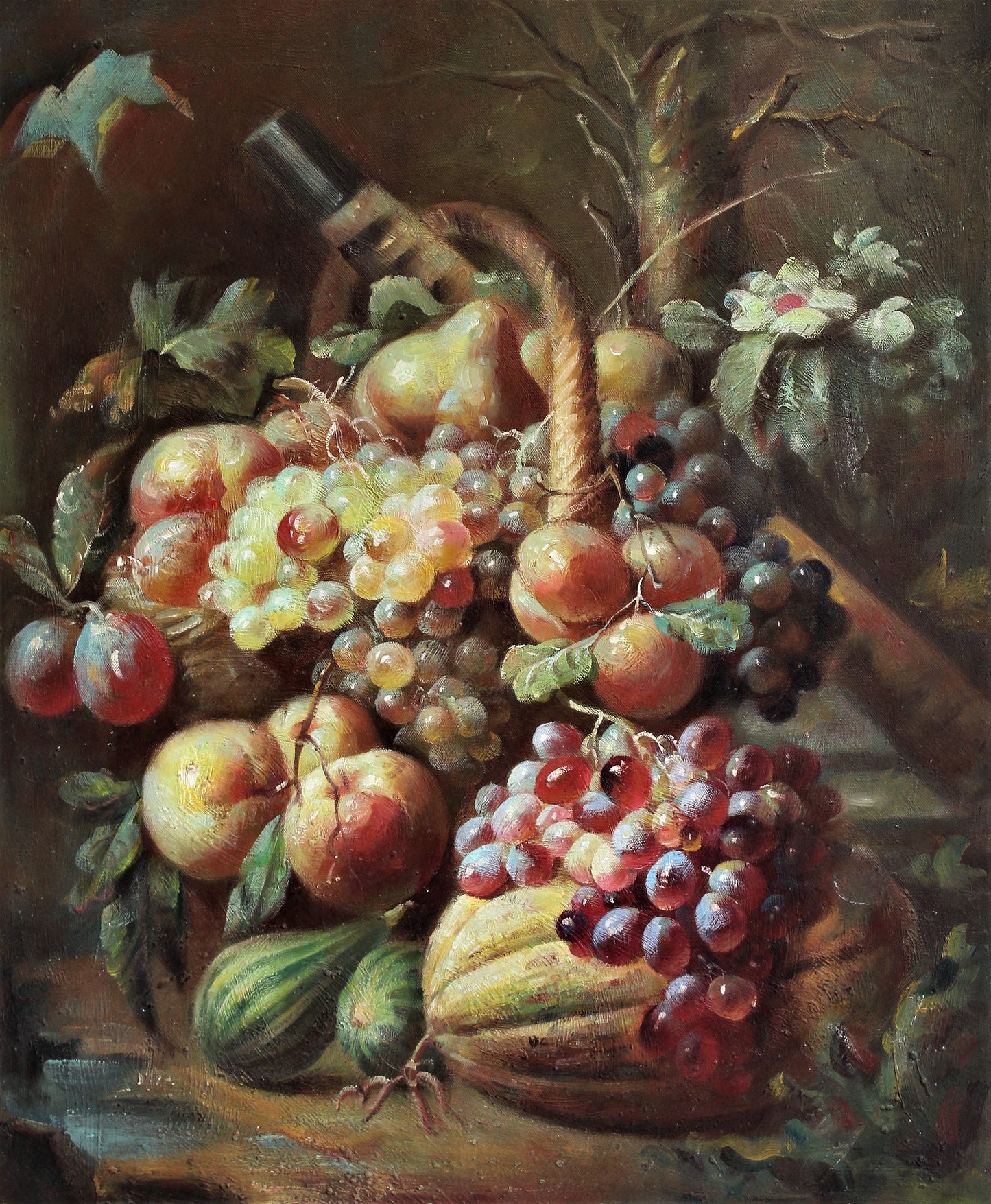 Nature morte de fruits, de courges et d'une bouteille