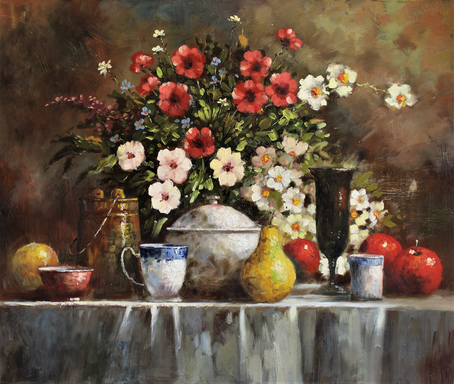 Nature morte de fruits, de fleurs, de poteries et de verres