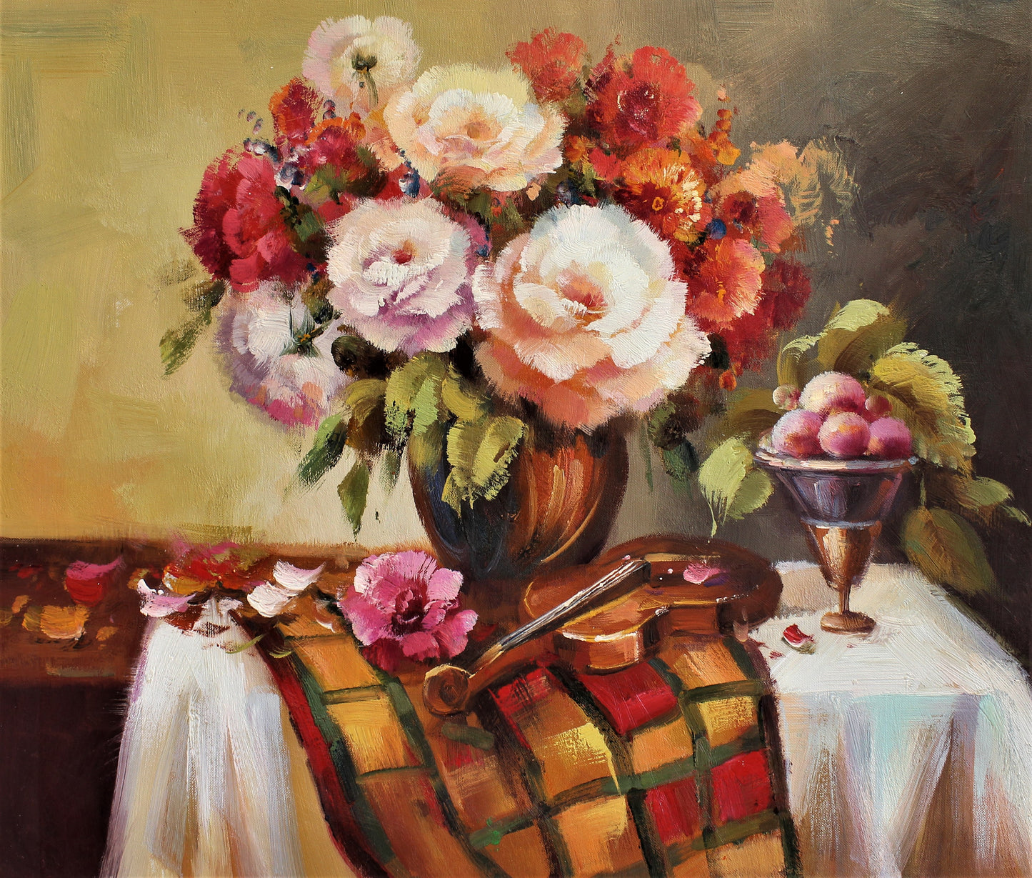 Nature morte d'un violon, de fleurs et de fruits