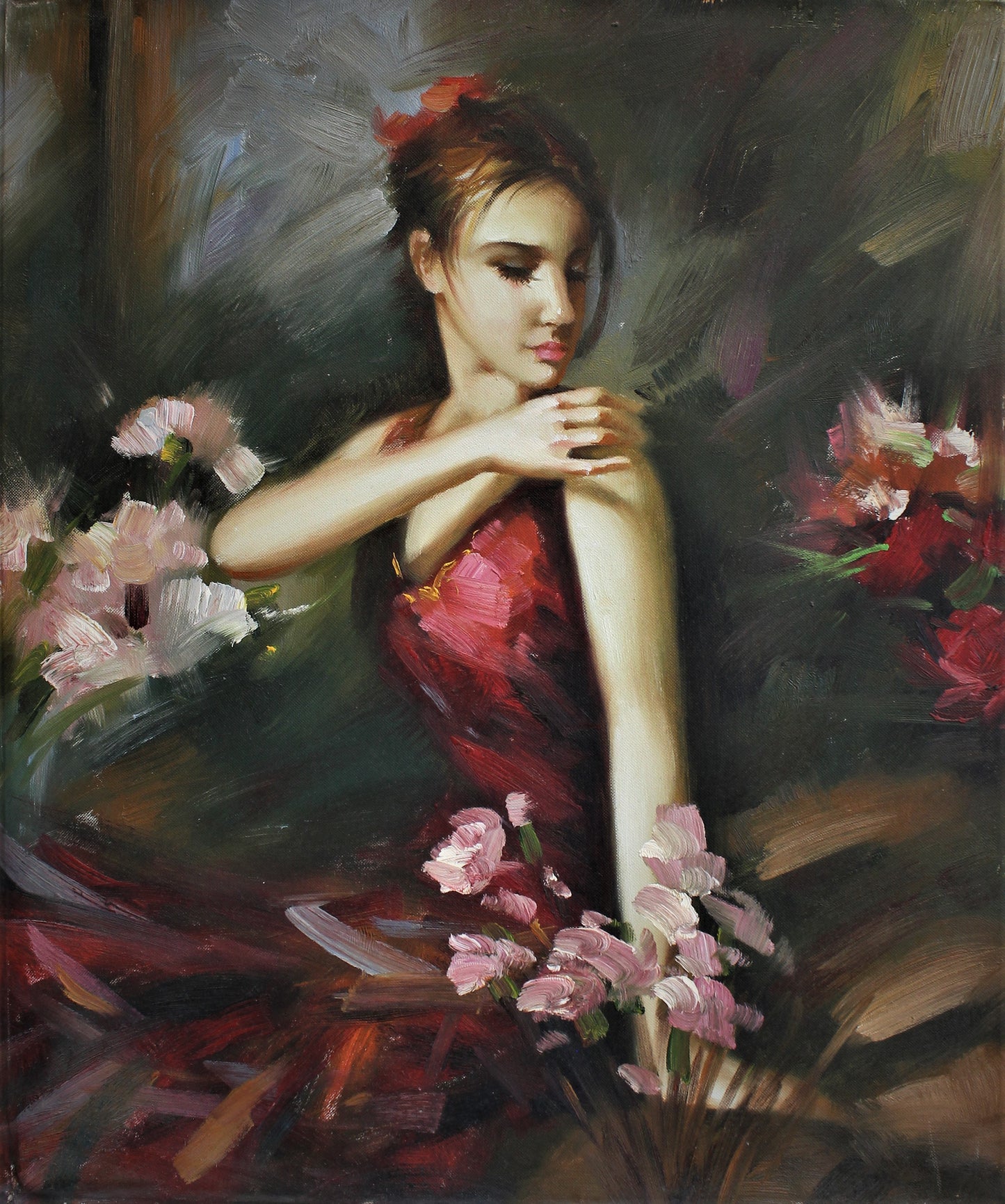 Femme vêtue de rouge entourée de fleurs