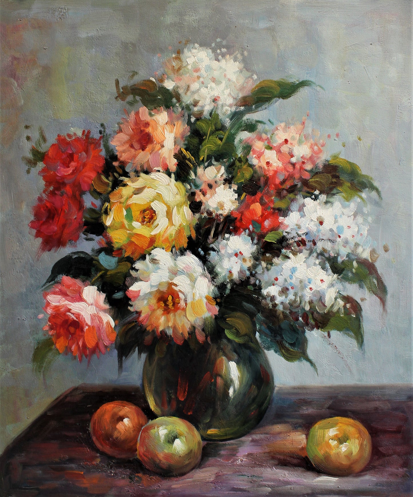 Nature morte avec composition florale et trois pommes