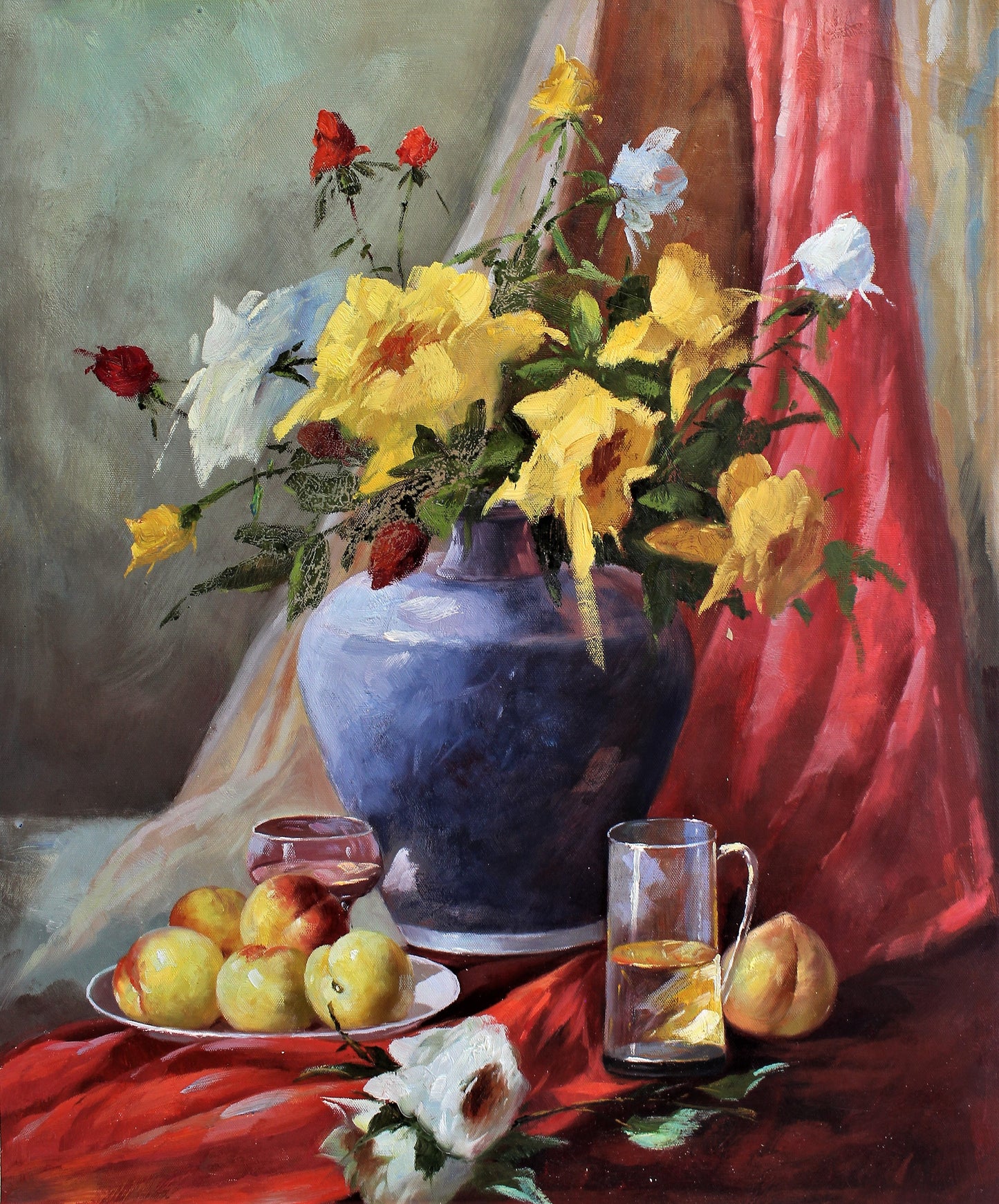 Nature morte de fruits, coupe en verre et fleurs dans un vase bleu