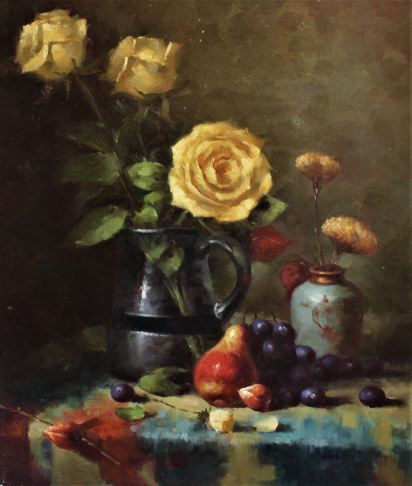 Nature morte de roses jaunes, de fruits et de poteries