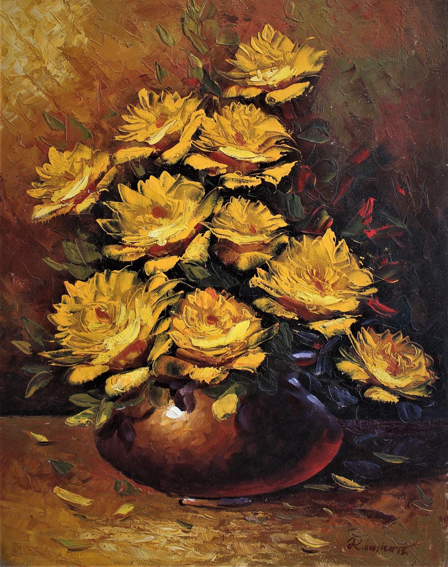 Nature morte de roses jaunes dans un vase en bronze
