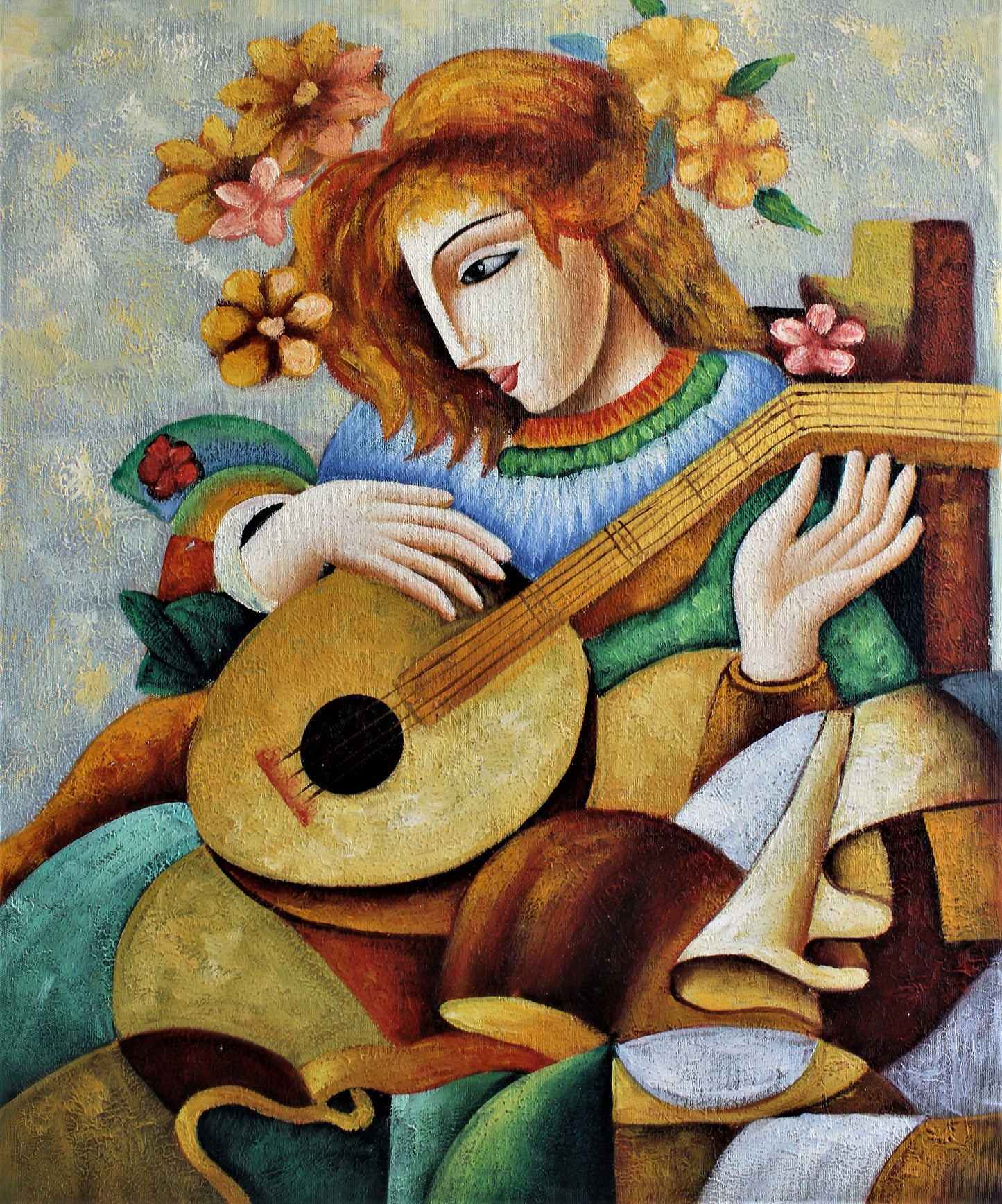 Femme jouant du luth avec des fleurs autour de la tête