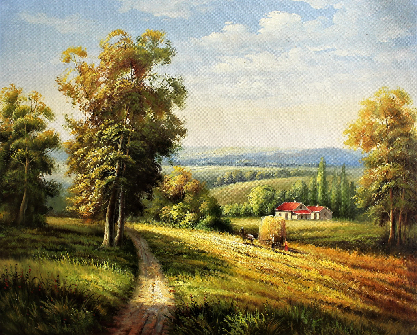 Scène de ferme avec des fermiers, du foin et un âne