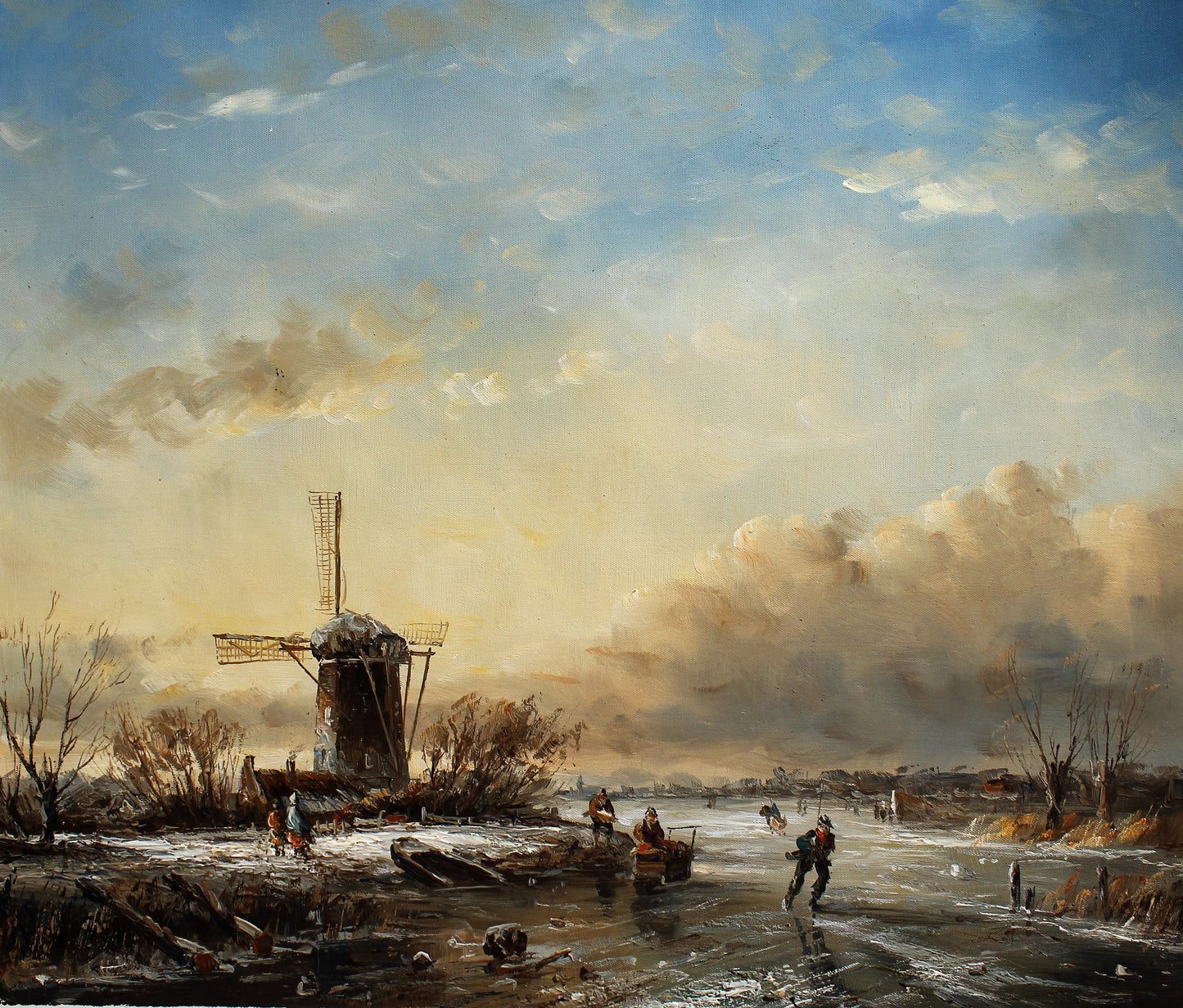 Rivière glacée avec patineurs et moulin à vent