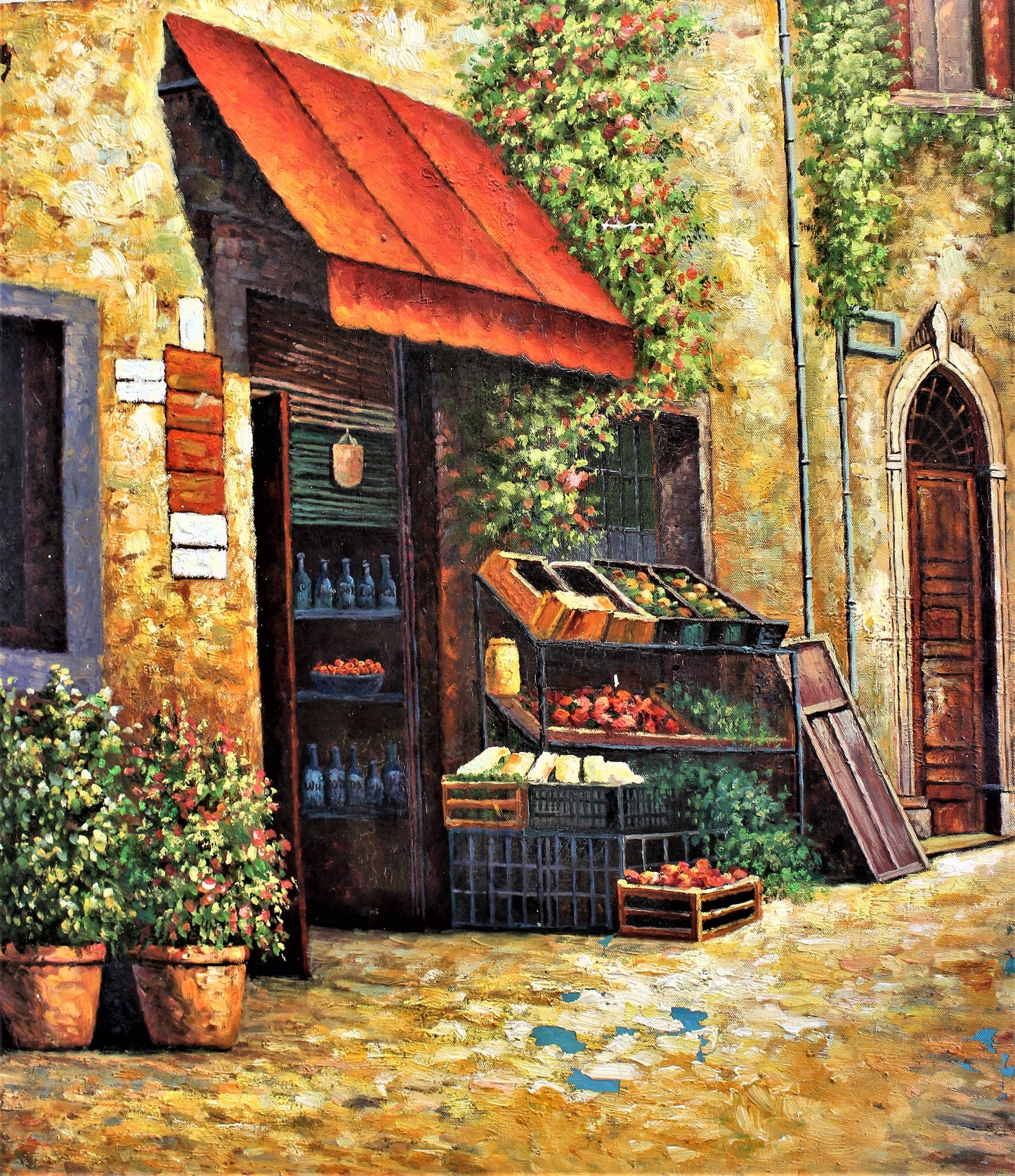 Petite épicerie dans une rue pavée