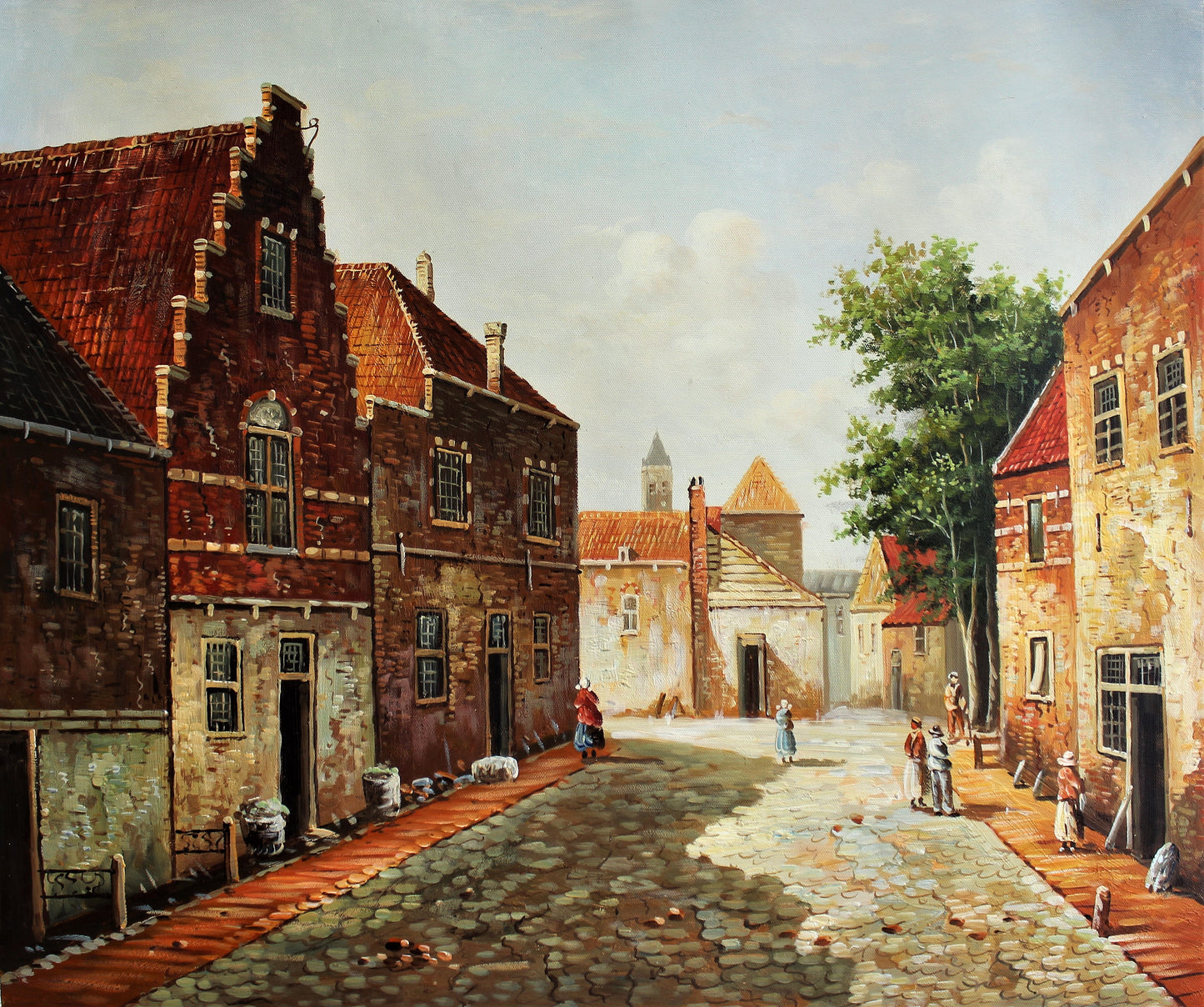 Rue avec piétons et bâtiments en briques