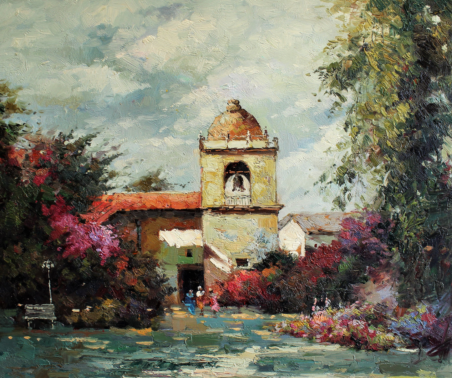 Église entourée de fleurs et d'arbres