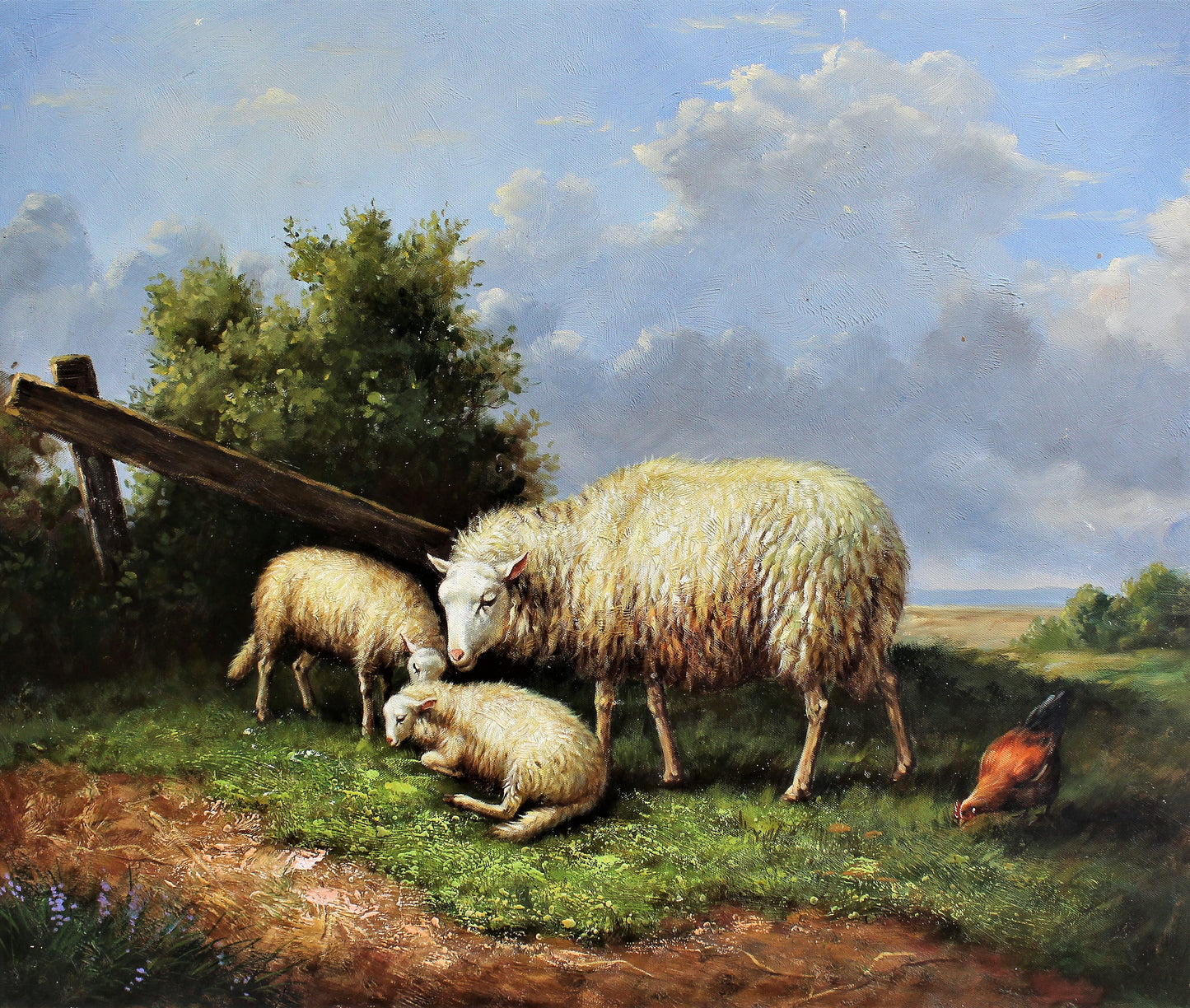 Un mouton, deux agneaux et un poulet