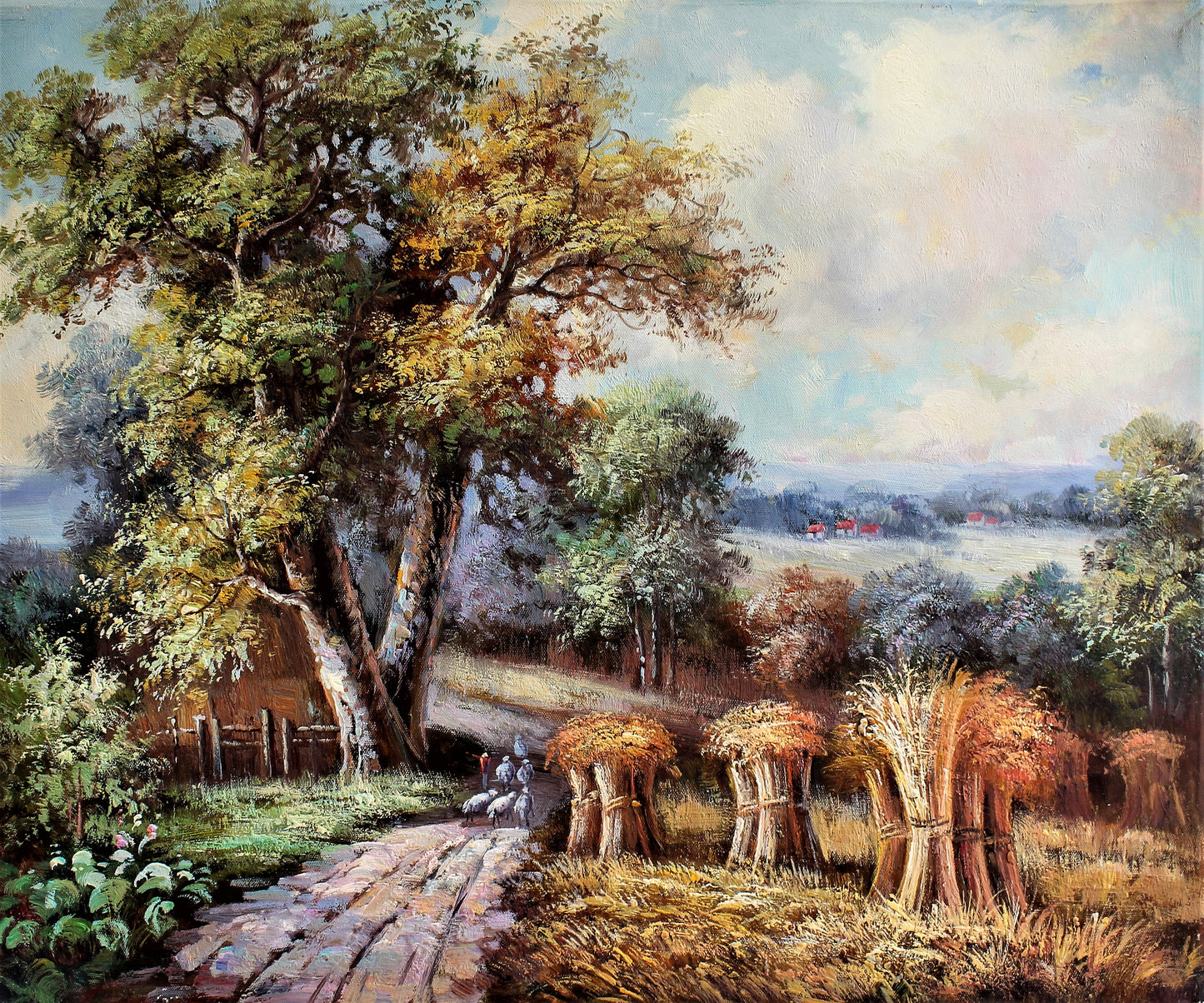 Farm landscape with farmer and sheep on a road