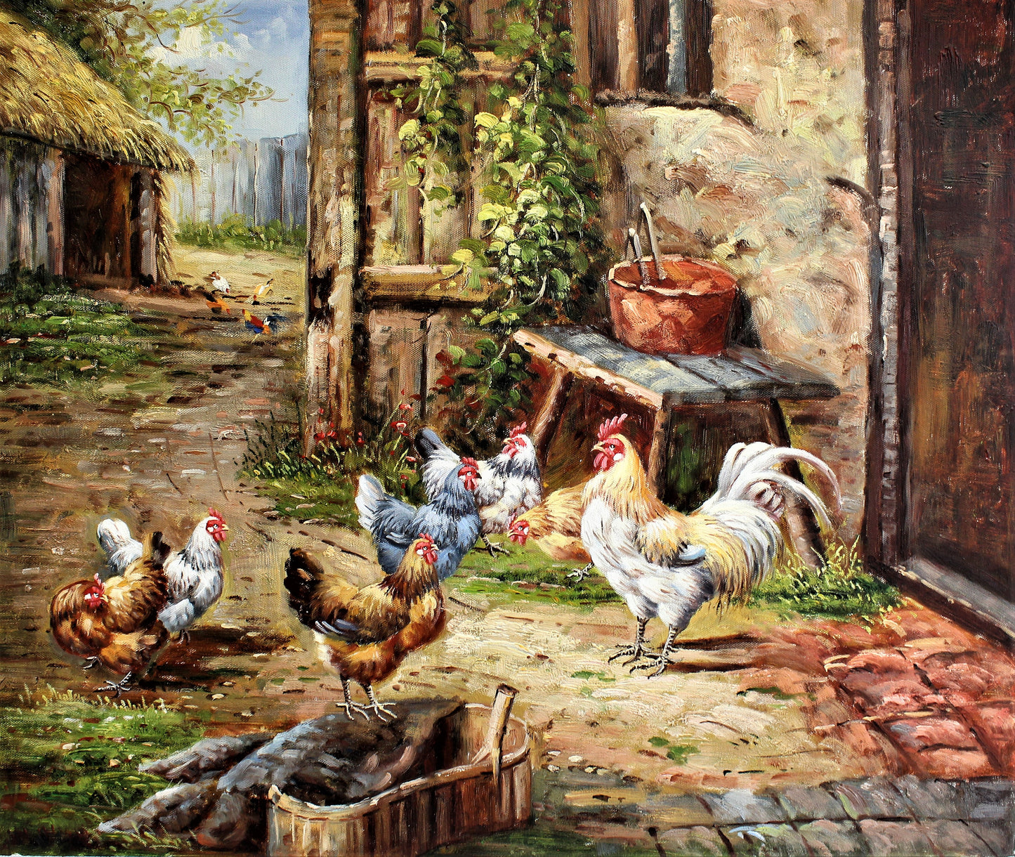 Groupe de poulets sur une passerelle