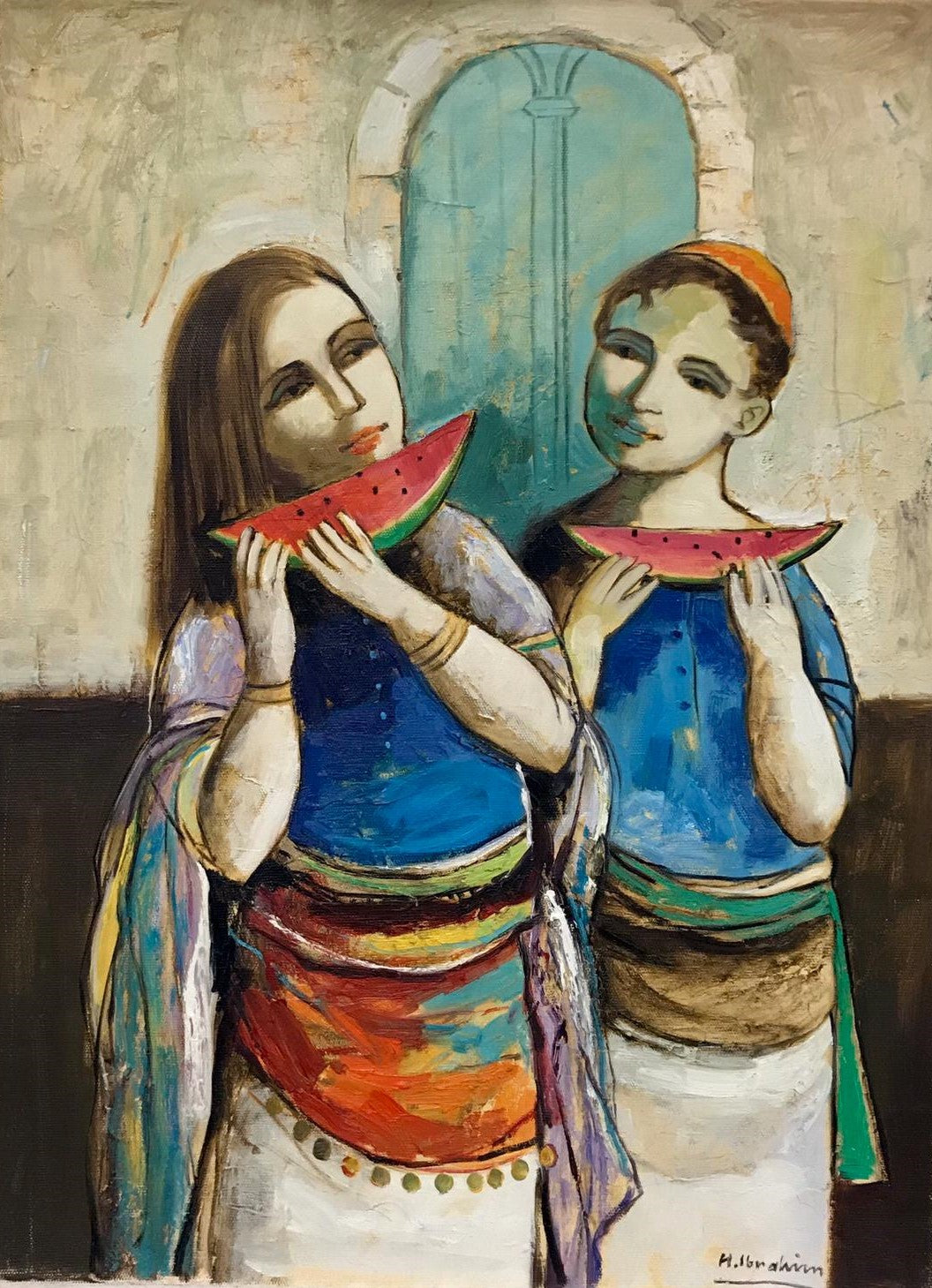 Deux personnages mangeant de la pastèque