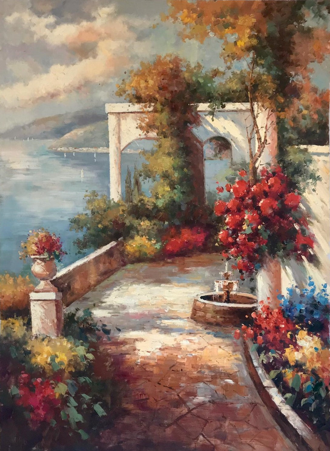 Jardin fleuri avec fontaine