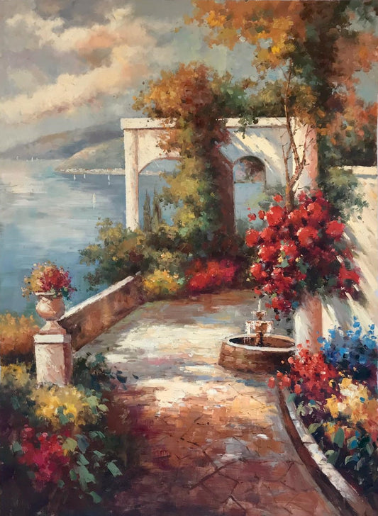 Jardin fleuri avec fontaine
