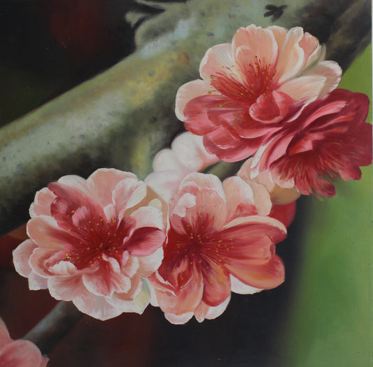 Peinture détaillée de quatre fleurs roses