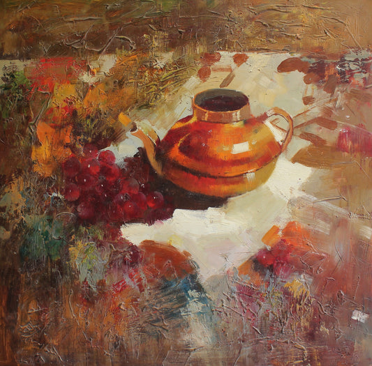 Nature morte d'une théière en cuivre
