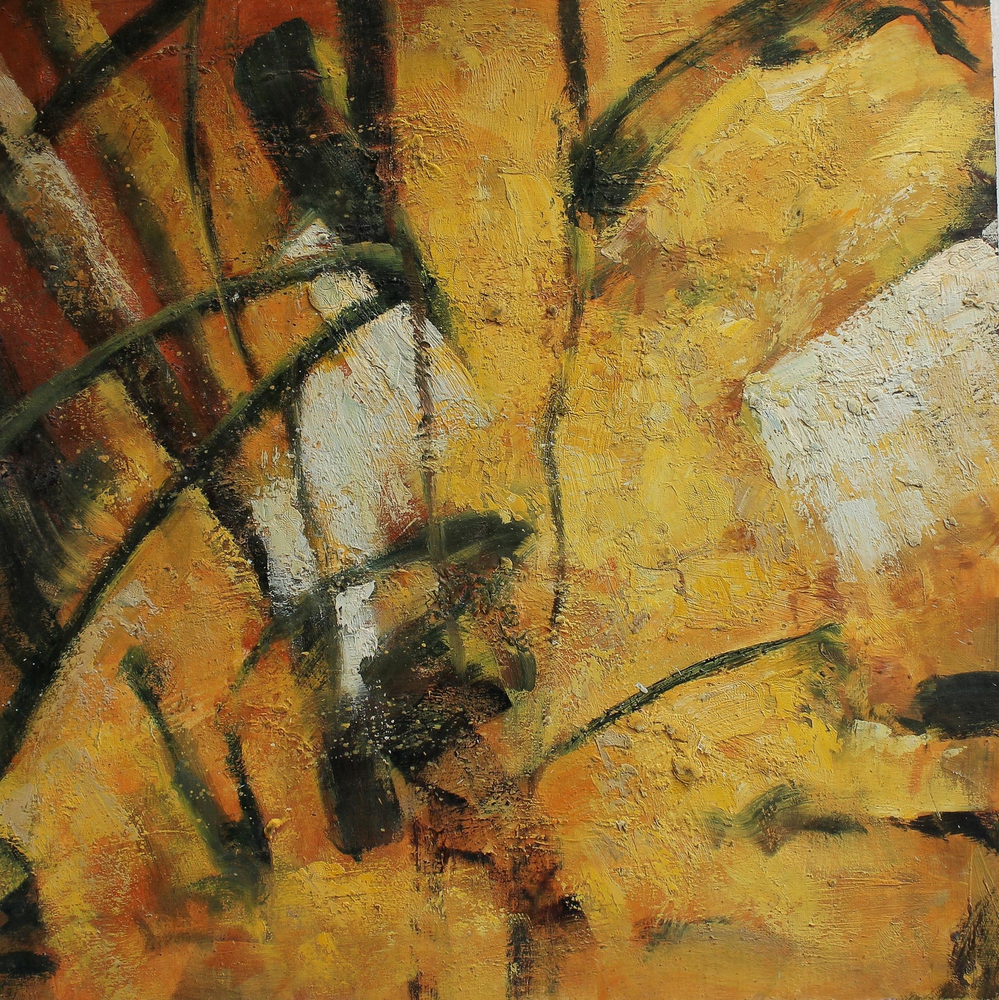 Peinture abstraite avec des formes jaunes et des lignes noires
