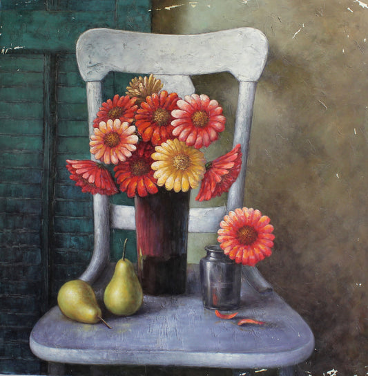 Nature morte de fleurs et de poires sur une chaise