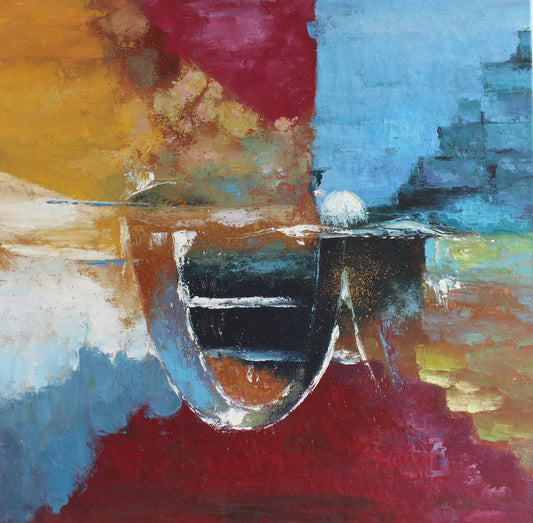 Peinture abstraite en rouge, bleu, or et blanc