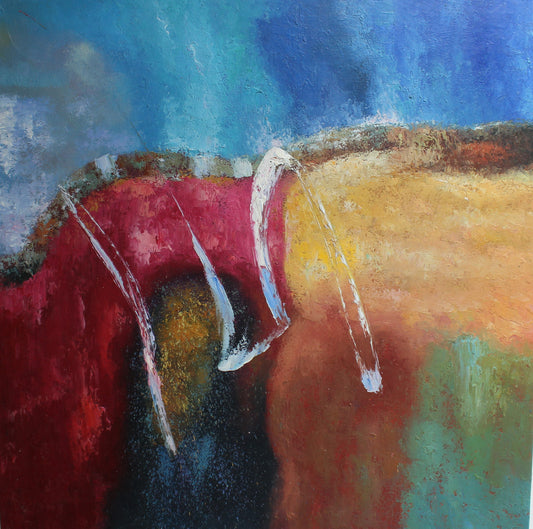 Peinture abstraite en bleu, rouge, orange et vert