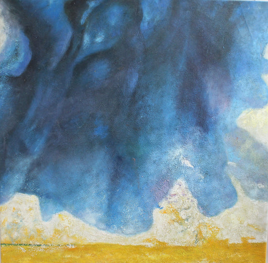 Peinture abstraite en bleu, blanc et jaune