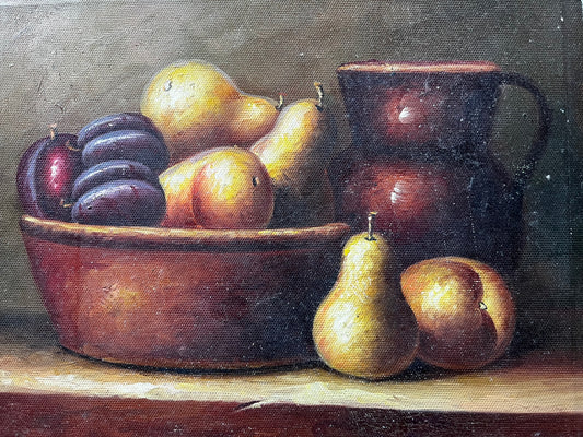 Nature morte d'un pichet et de fruits dans un bol