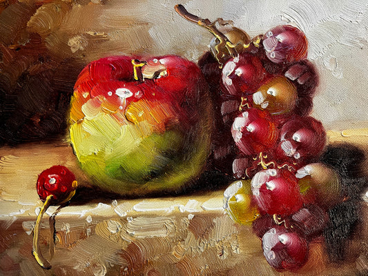 Nature morte d'une pomme et de raisins