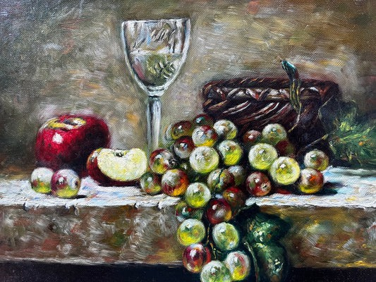 Nature morte d'un verre, d'un panier et de fruits