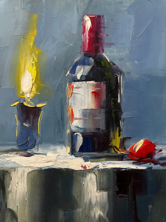 Nature morte d'une bougie et d'une bouteille