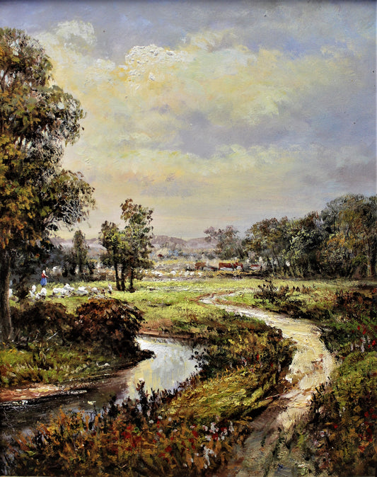 Paysage avec sentier et troupeau de moutons
