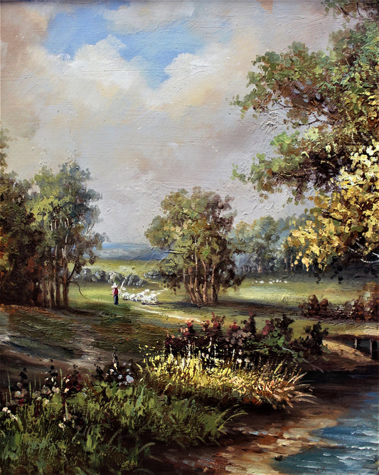 Paysage avec troupeau de moutons et ruisseau