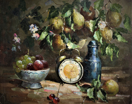 Nature morte avec une horloge et des fruits